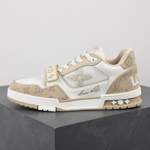 LV Trainers Velcro Strap Monogram Denim Beige