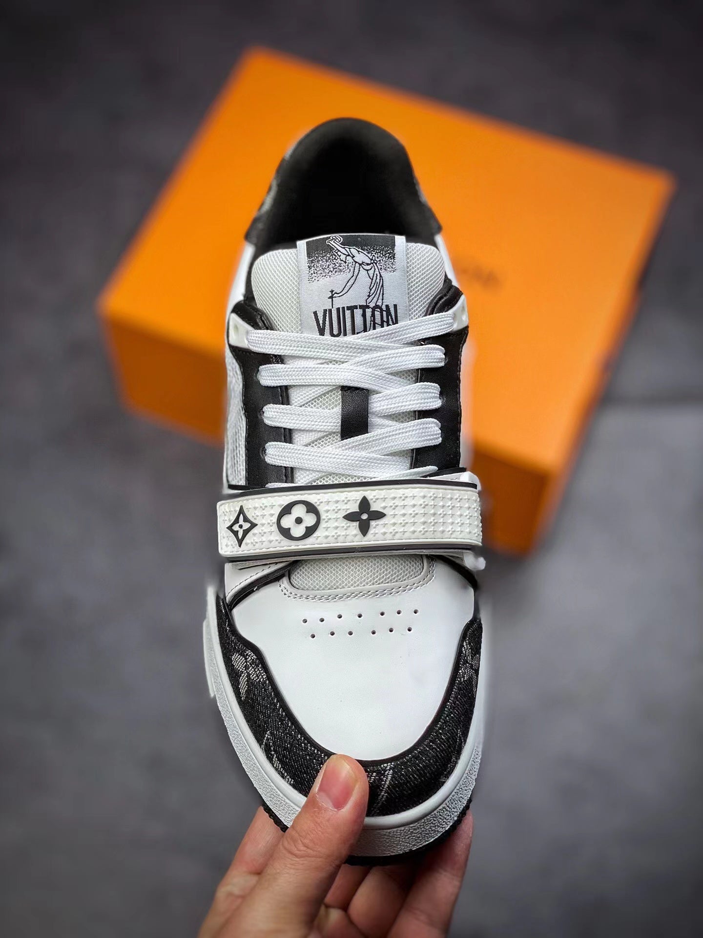 LV Trainers Velcro Strap Monogram Denim Black