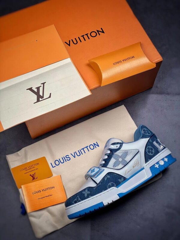 LV Trainers Velcro Strap Monogram Denim Blue
