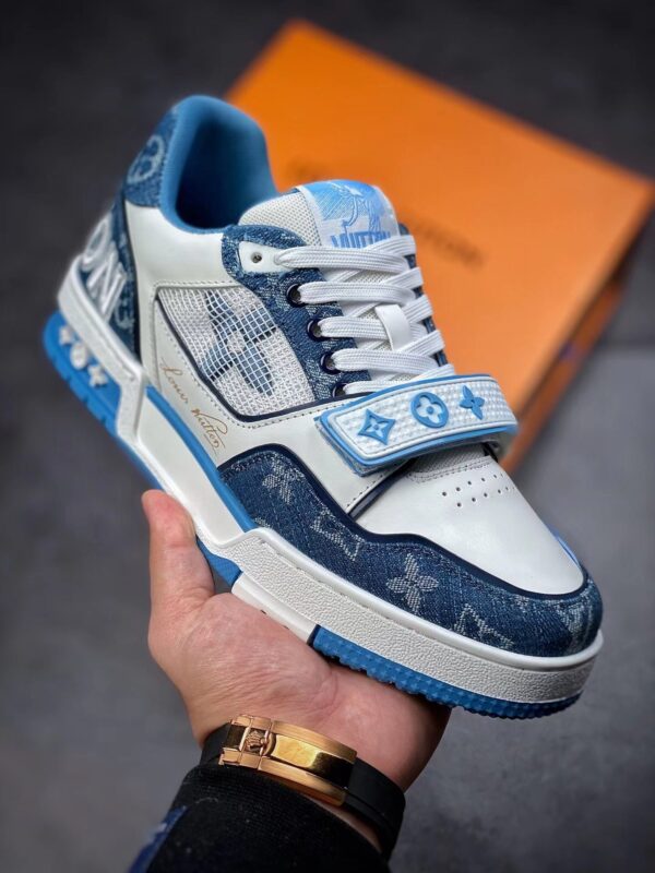 LV Trainers Velcro Strap Monogram Denim Blue