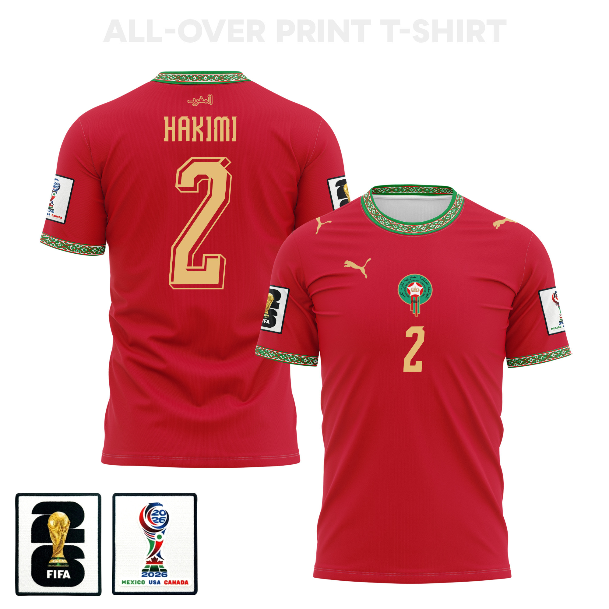 Achraf Hakimi 2 Morocco 2026 Home 3D T-Shirt Fully Printed – Unisex, Red – Jersey Teams