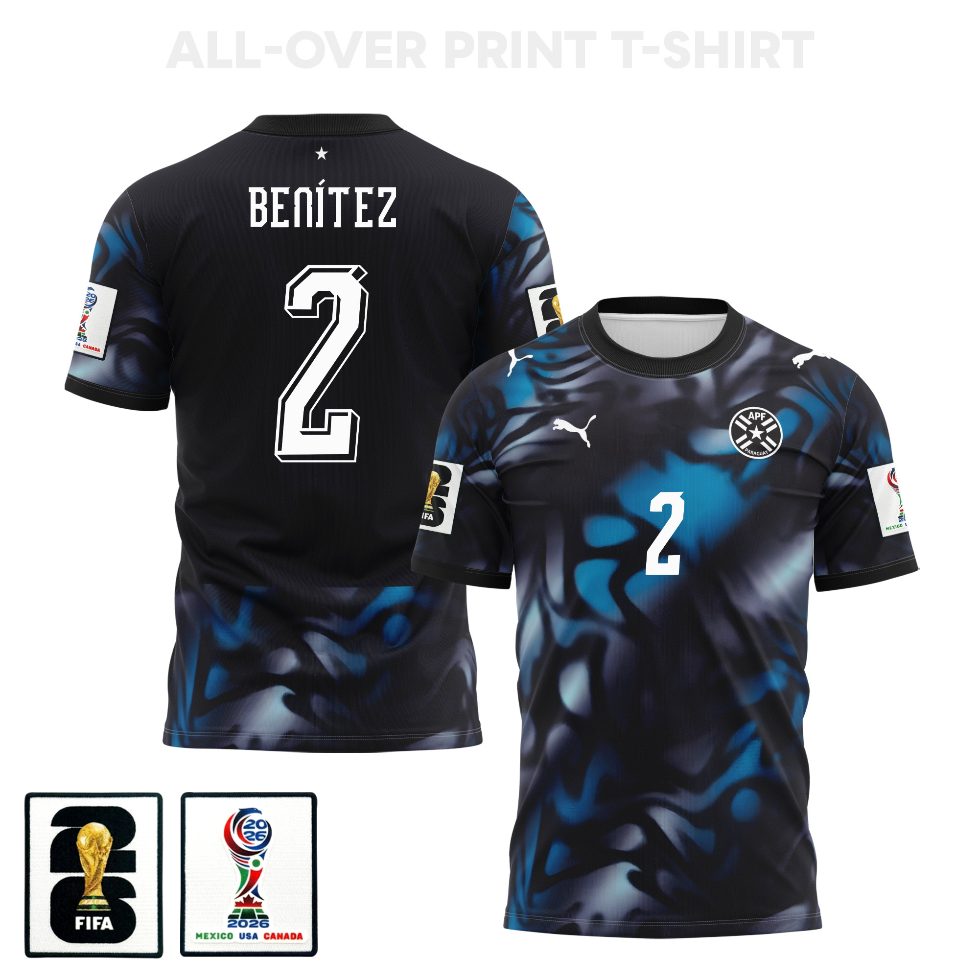 Alan BenÃtez 2 Paraguay 2026 Away 3D T-Shirt Fully Printed – Unisex, Navy – Jersey Teams