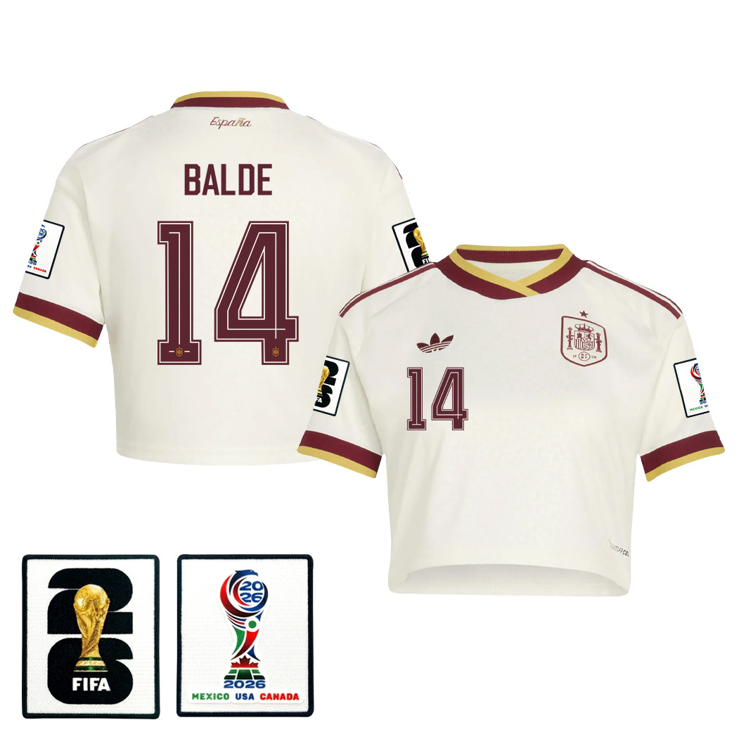 Alejandro Balde 14 Spain 2026 Away Women’s Cropped Jersey – White – Jersey Teams