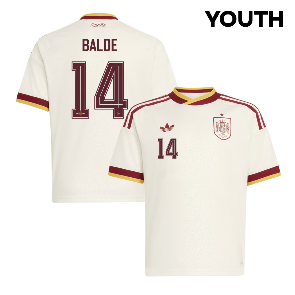 Alejandro Balde 14 Spain National Team 2026 Youth Away Jersey - White - Jersey Teams