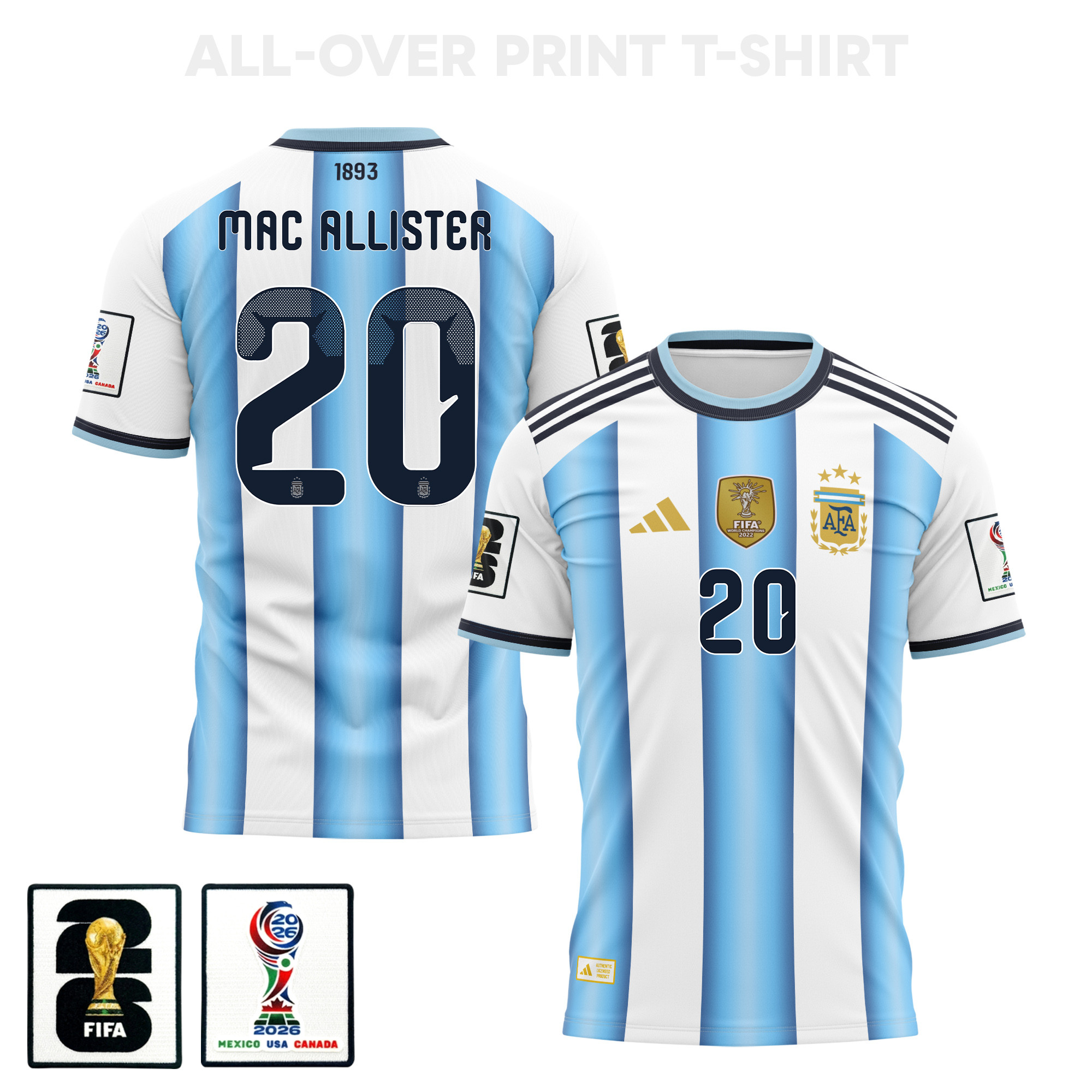 Alexis Mac Allister 20 Argentina 2026 Home 3D T-Shirt Fully Printed – Unisex, White - Jersey Teams