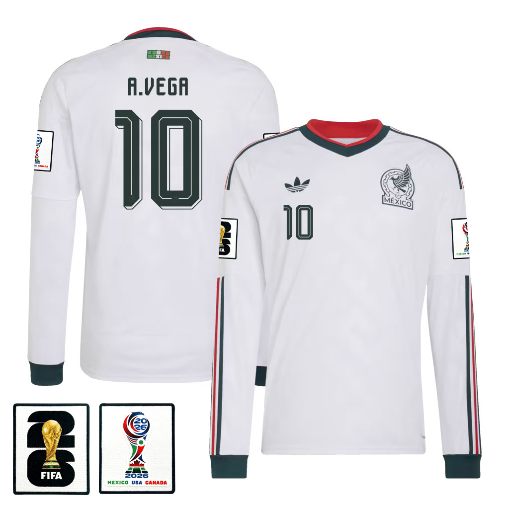 Alexis Vega 10 Mexico National Team 2026 Away Long Sleeve Jersey - White - Jersey Teams