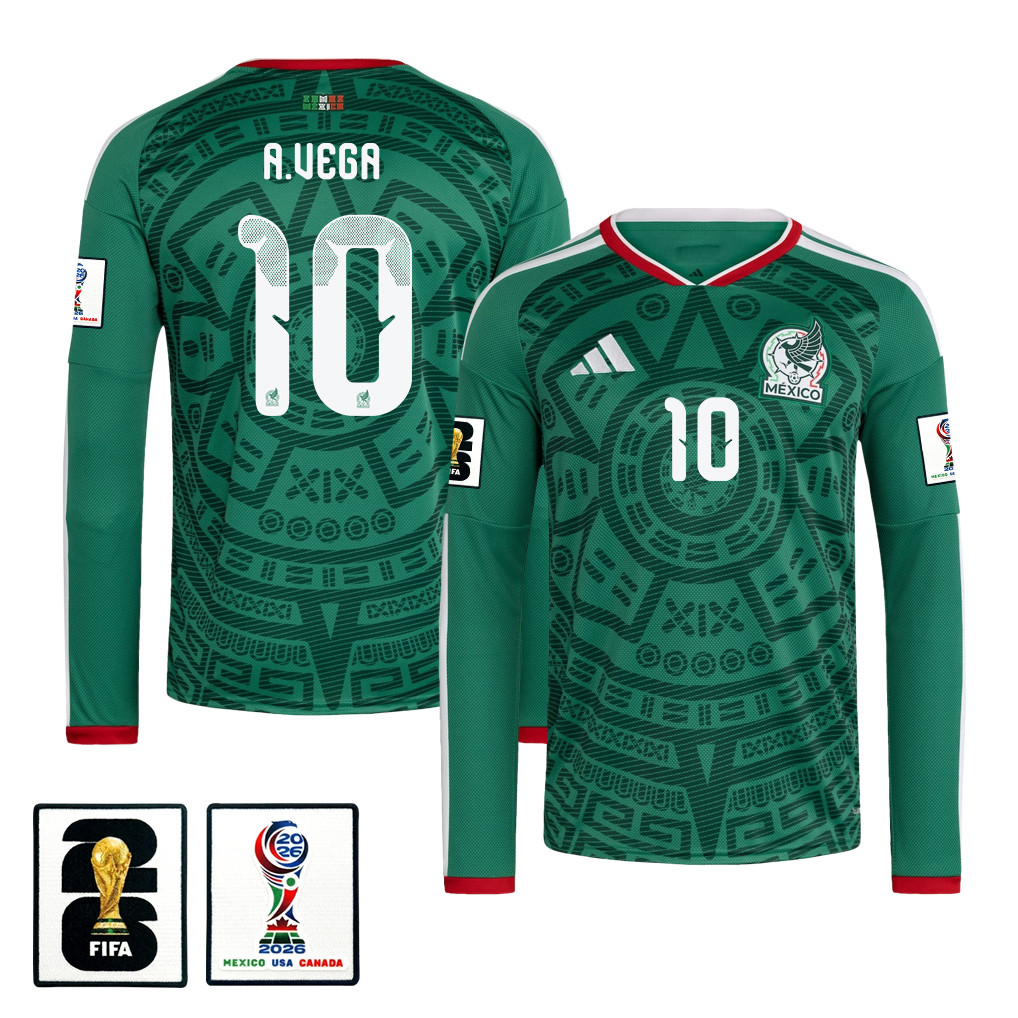 Alexis Vega 10 Mexico National Team 2026 Home Long Sleeve Jersey - Green - Jersey Teams