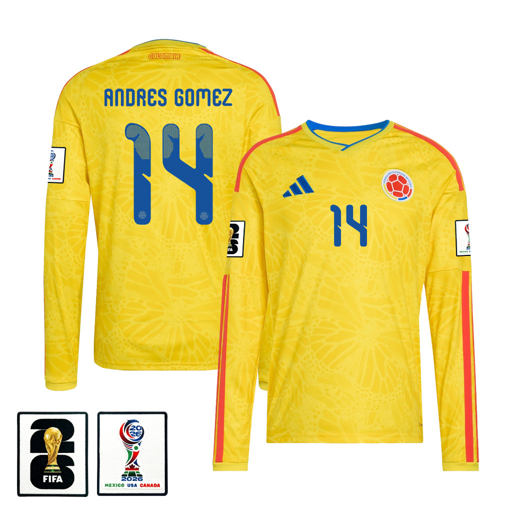 Andres Gomez 14 Colombia National Team 2026 Home Long Sleeve Jersey - Yellow - Jersey Teams