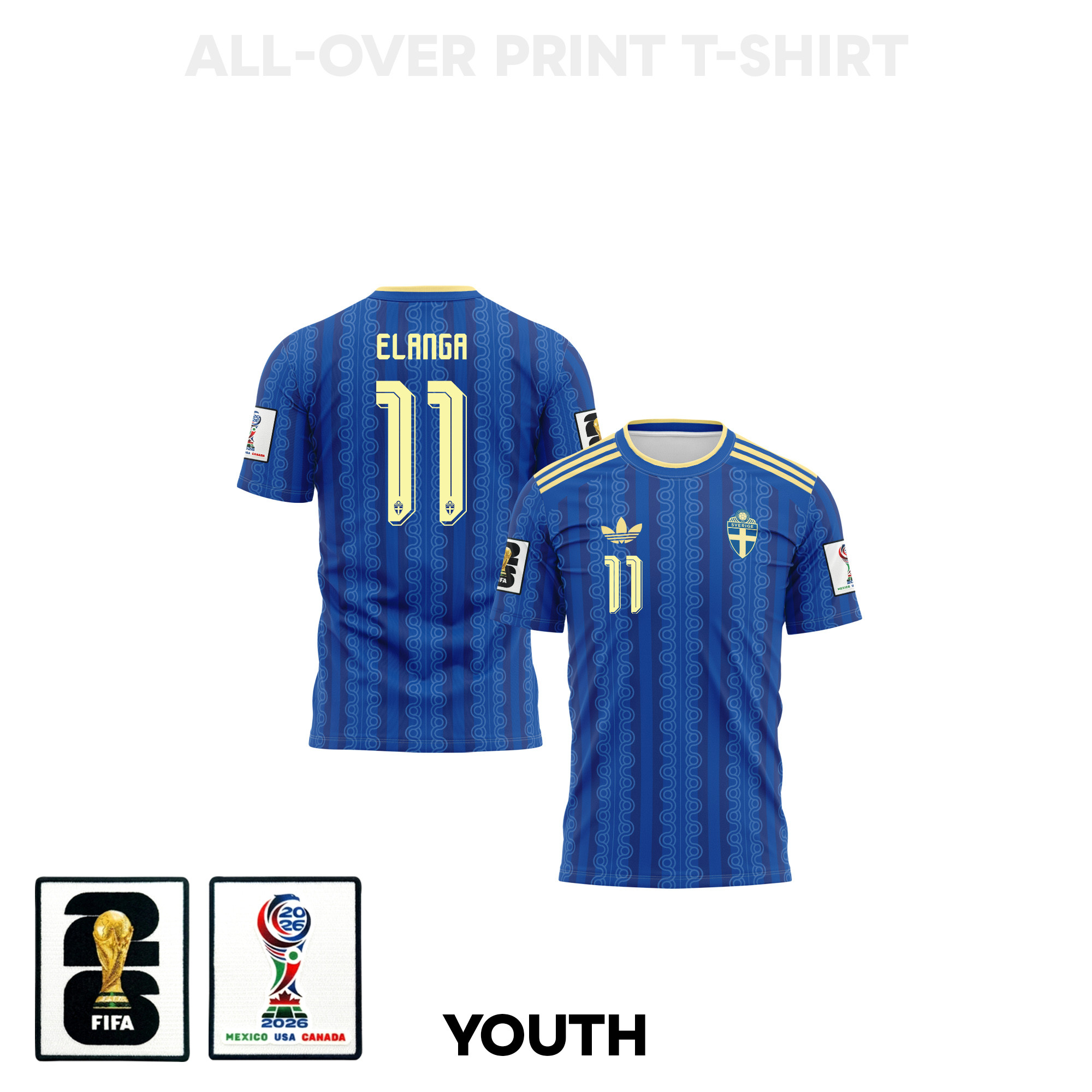 Anthony Elanga 11 Youth Sweden 2026 Away 3D T-shirt Fully Printed – Blue – Jersey Teams