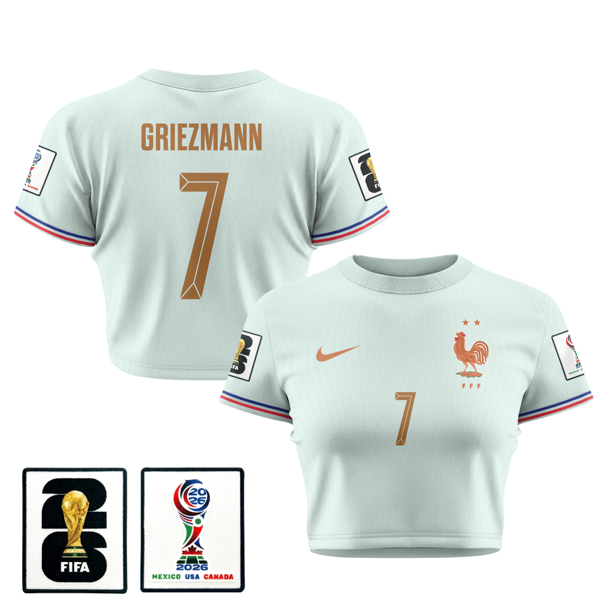 Antoine Griezmann 7 France 2026 Women’s Away All-Over Print Cropped Jersey – Green – Jersey Teams