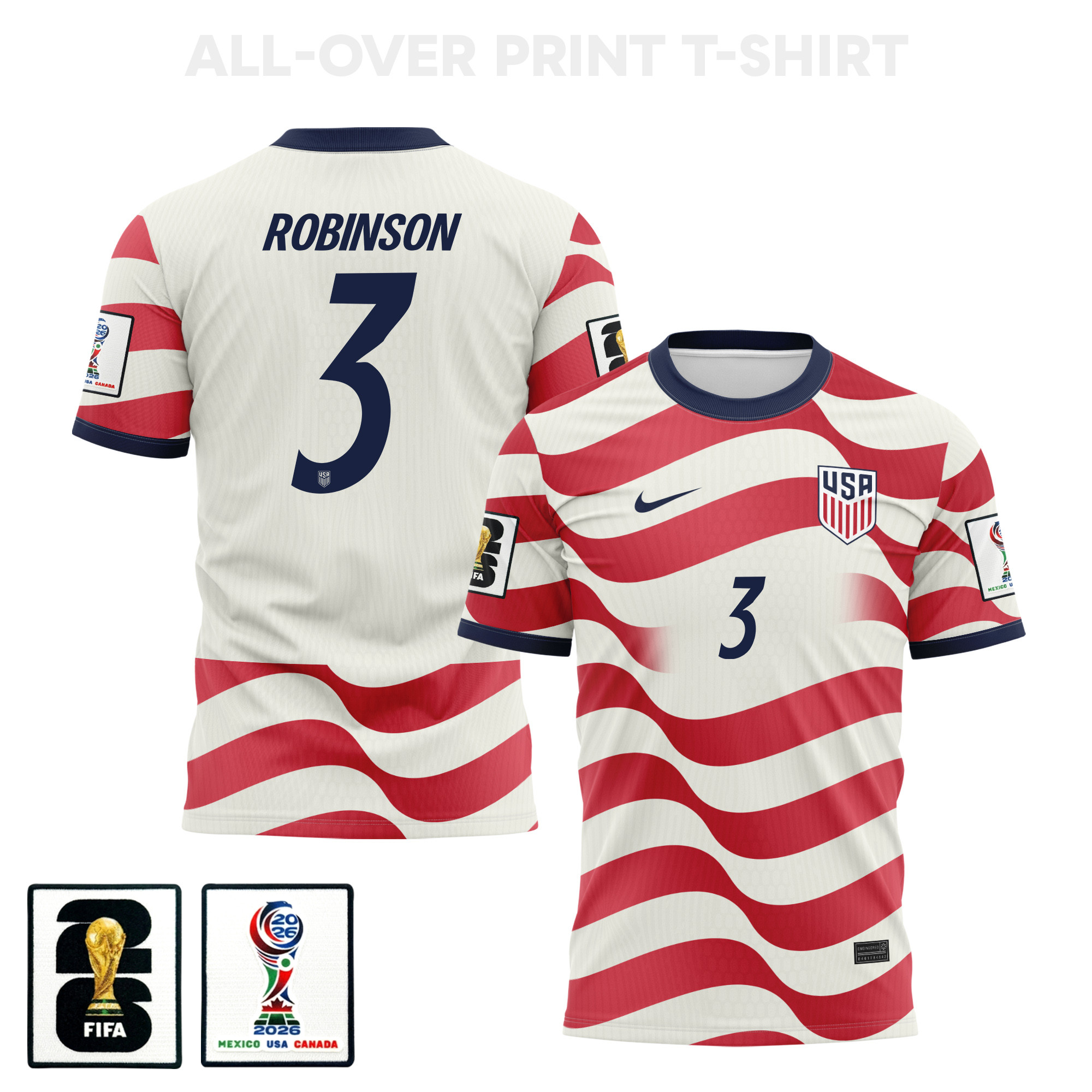 Antonee Robinson 3 USMNT 2026 Home 3D T-Shirt Fully Printed – Unisex, White/Red - Jersey Teams