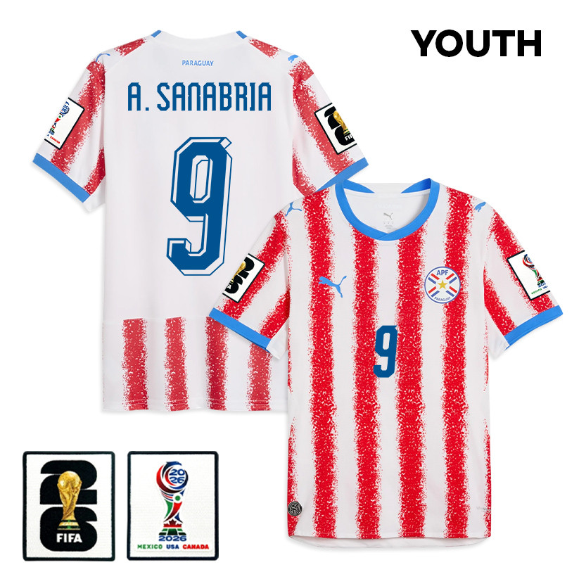 Antonio Sanabria 9 Youth Paraguay National Team 2026 Home Jersey - White/Red - Jersey Teams