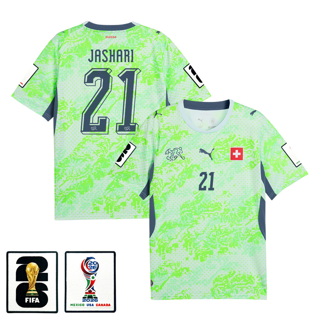 Ardon Jashari 21 Switzerland National Team 2026 x World Cup Patch Away Jersey - Men, Green - Jersey Teams