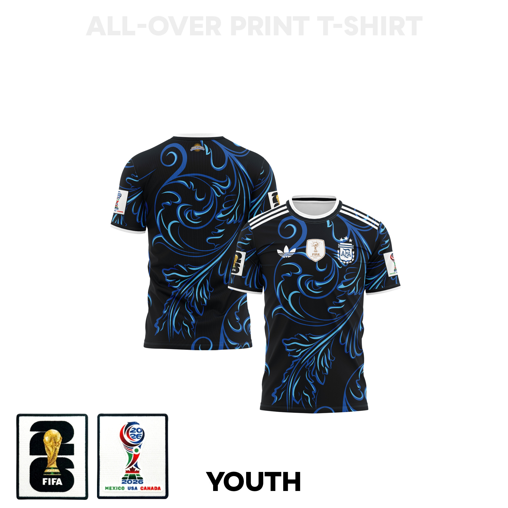 Argentina 2026 Youth Away 3D T-shirt Fully Printed – Black - Jersey Teams
