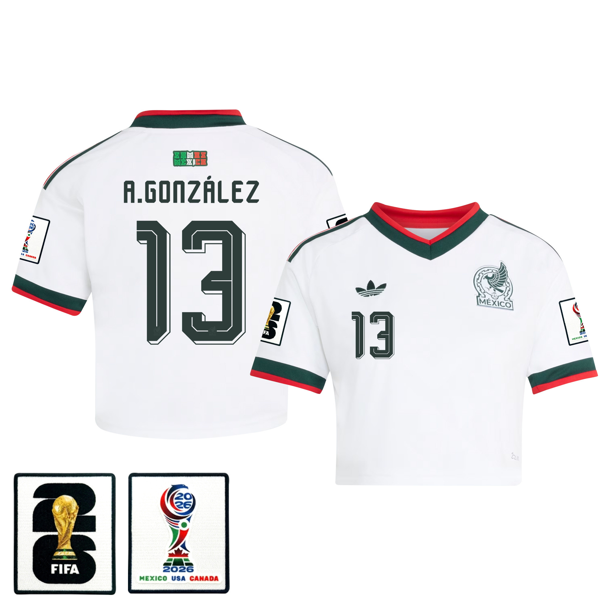 Armando González 13 Mexico 2026 Away Women’s Cropped Jersey – White – Jersey Teams