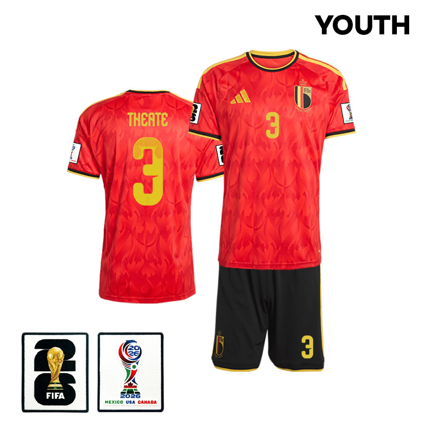 Arthur Theate 3 Belgium 2026 YOUTH Home Jersey & Shorts Set - Red/Black - Jersey Teams