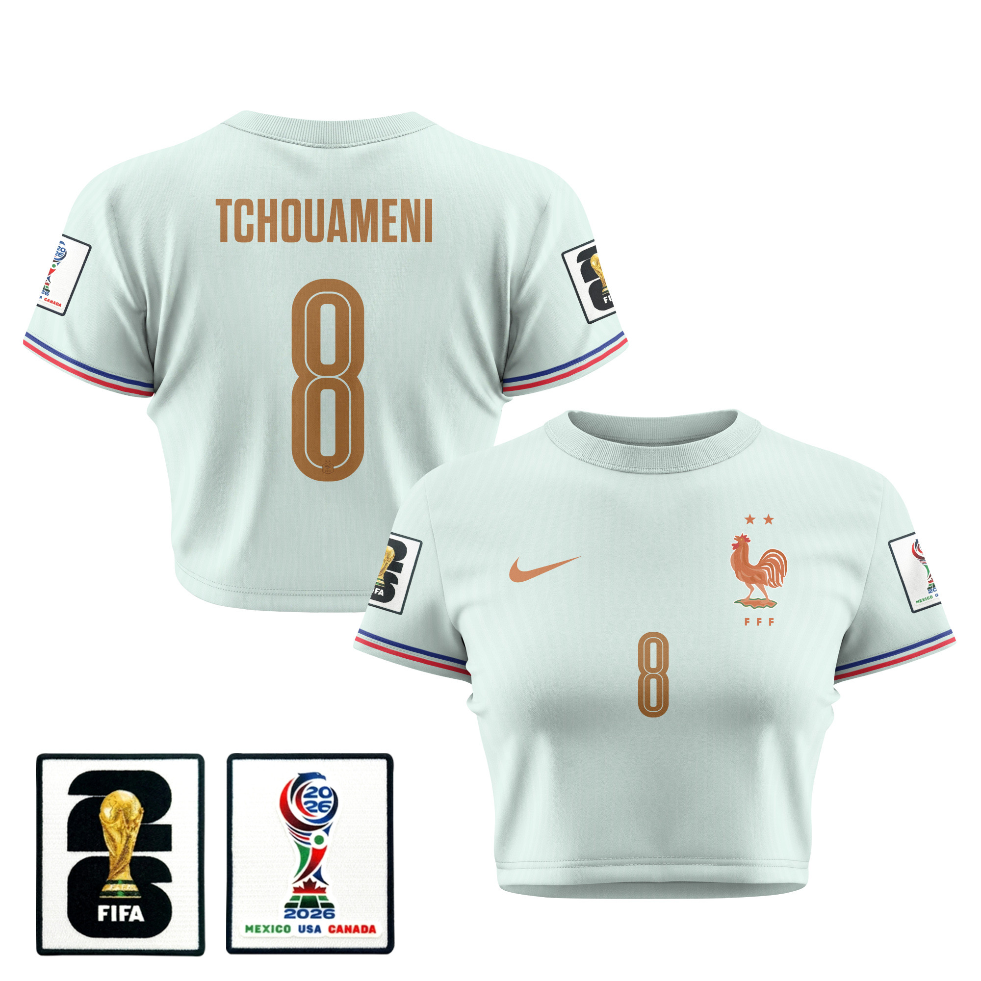 Aurélien Tchouaméni 8 France 2026 Women’s Away All-Over Print Cropped Jersey – Green – Jersey Teams