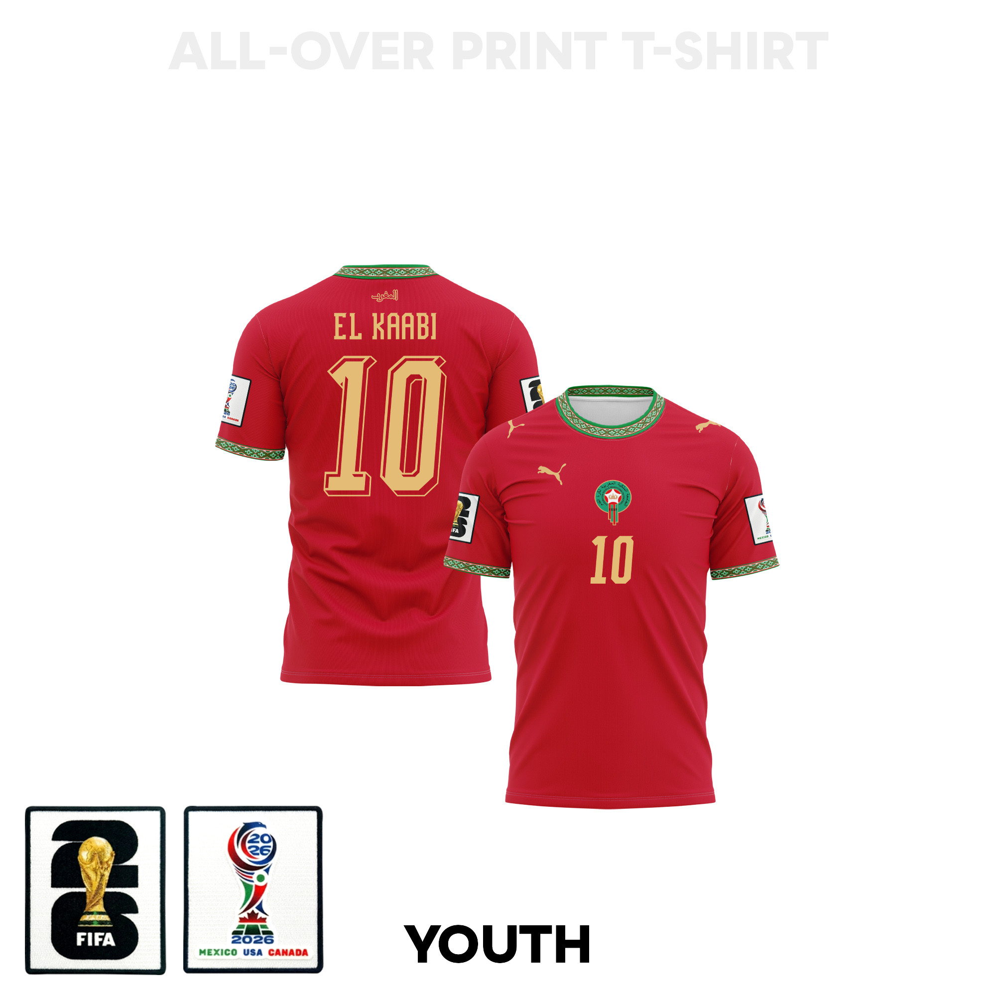 Ayoub El Kaabi 10 Youth Morocco 2026 Home 3D T-shirt Fully Printed – Red – Jersey Teams