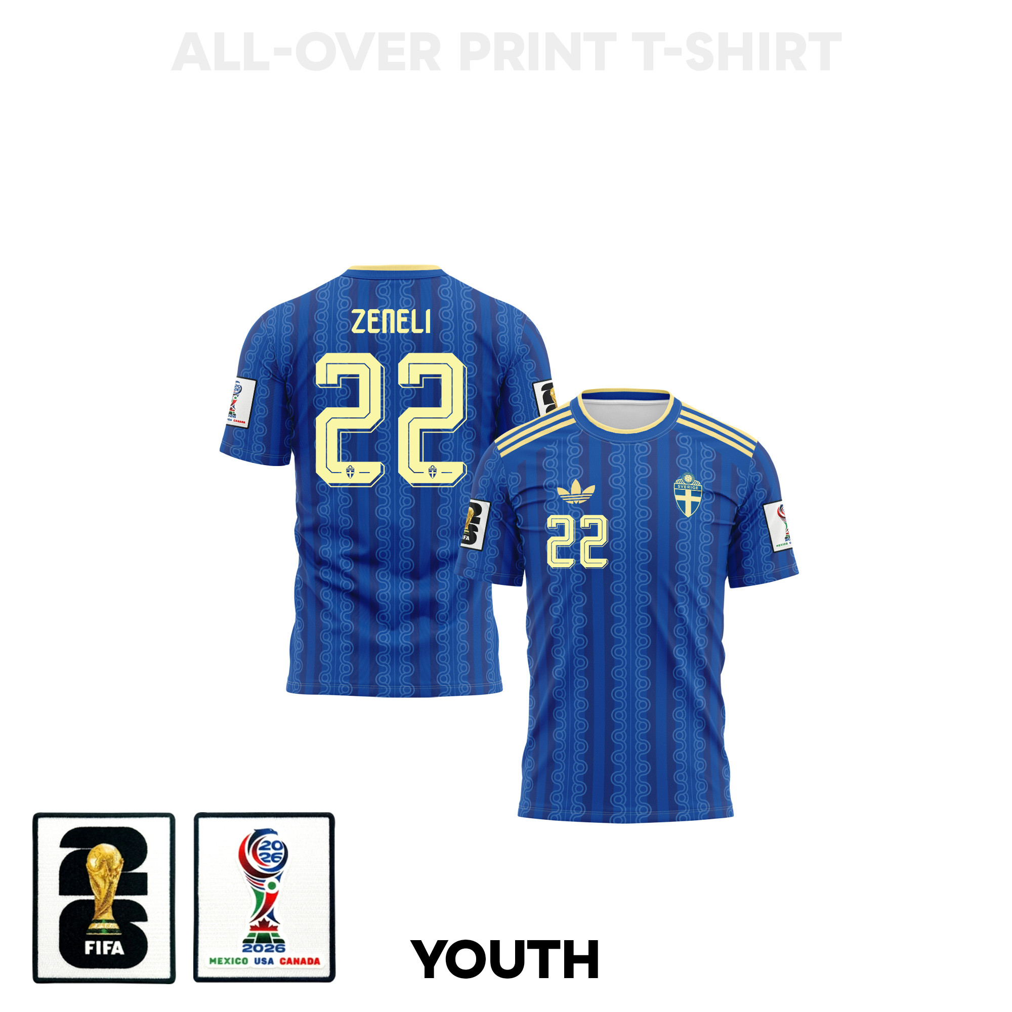 Besfort Zeneli 22 Youth Sweden 2026 Away 3D T-shirt Fully Printed – Blue – Jersey Teams
