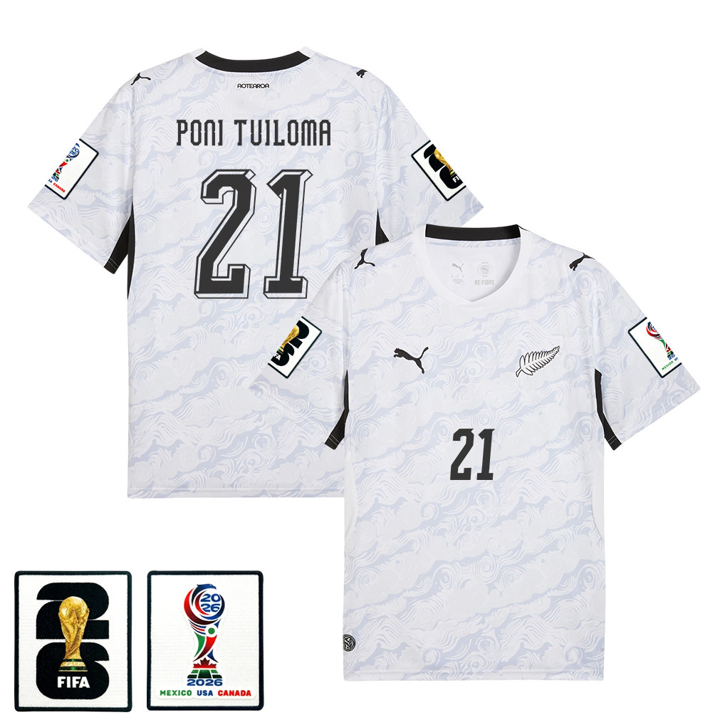 Bill Poni Tuiloma 21 New Zealand National Team 2026 Away Jersey - White, Men - Jersey Teams