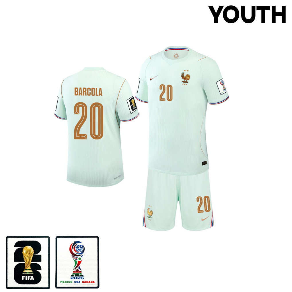 Bradley Barcola 20 France 2026 YOUTH Away Jersey & Shorts Set – Green – Jersey Teams