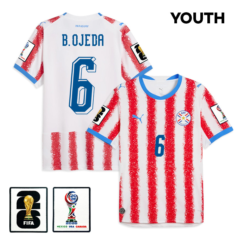 Braian Ojeda 6 Youth Paraguay National Team 2026 Home Jersey - White/Red - Jersey Teams