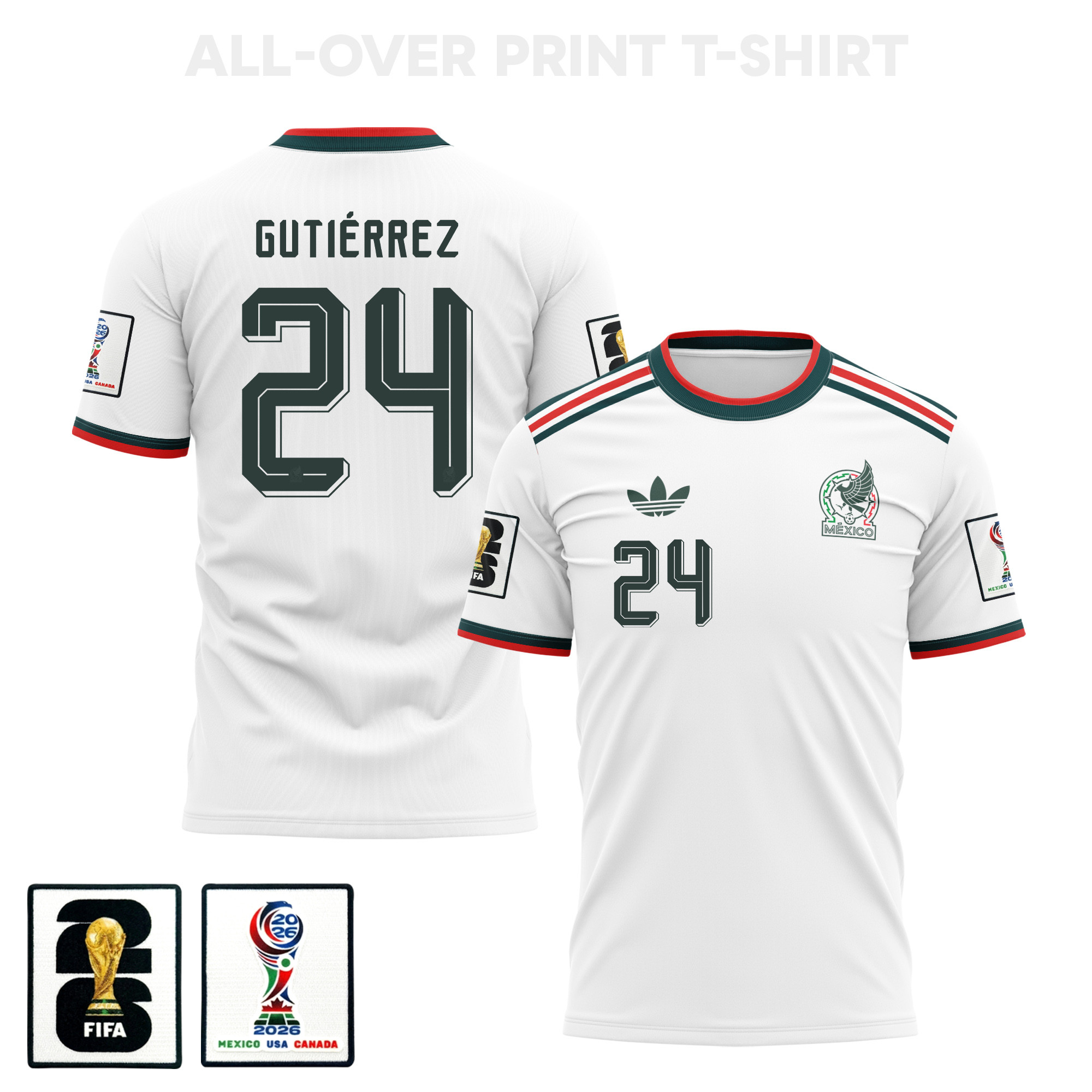 Brian Gutiérrez 24 Mexico 2026 Away 3D T-Shirt Fully Printed – Unisex, White – Jersey Teams