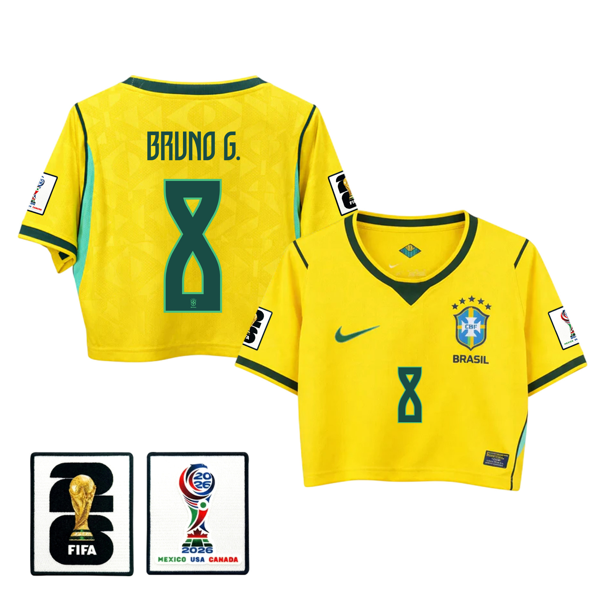 Bruno Guimarães 8 Brazil 2026 Home Women’s Cropped Jersey – Yellow – Jersey Teams