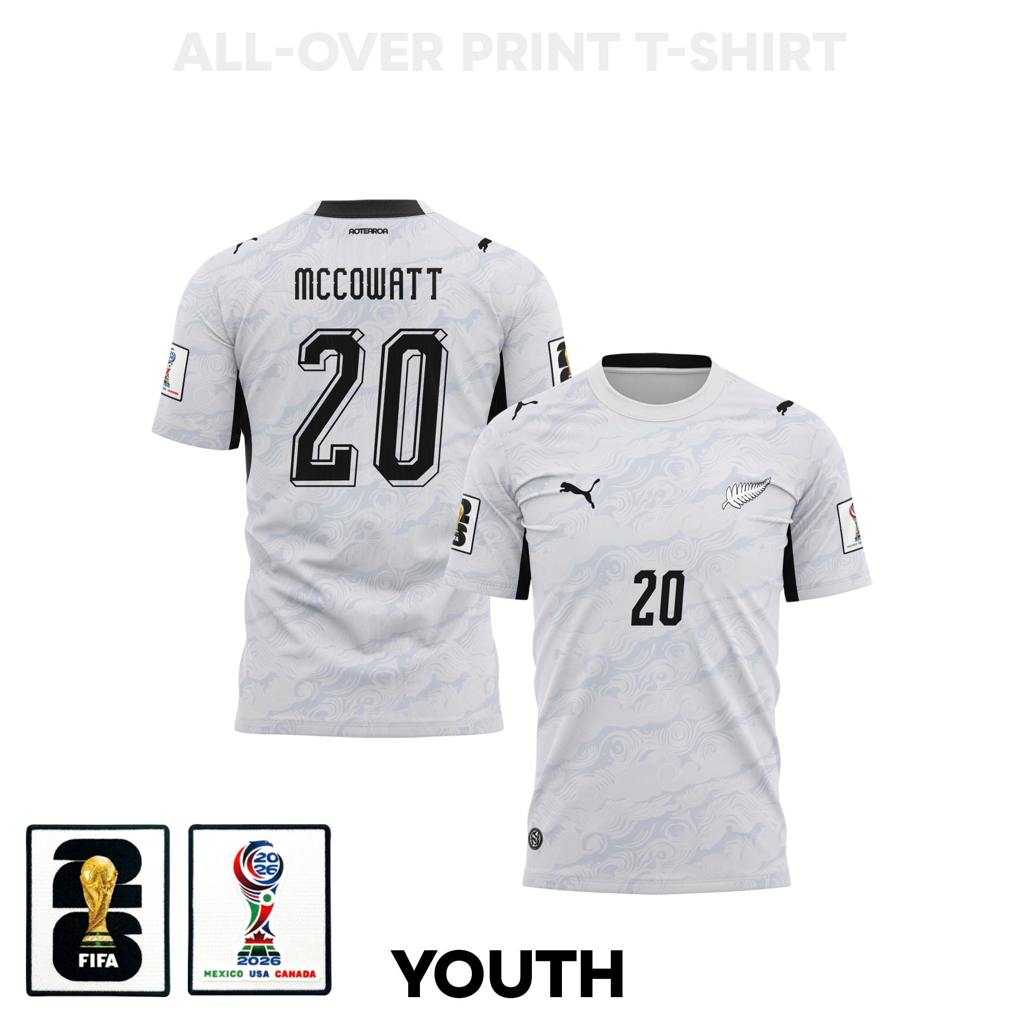 Callum McCowatt 20 Youth New Zealand 2026 Away 3D T-shirt Fully Printed – White – Jersey Teams