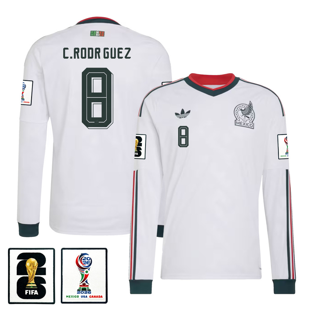 Carlos Rodríguez 8 Mexico National Team 2026 Away Long Sleeve Jersey - White - Jersey Teams