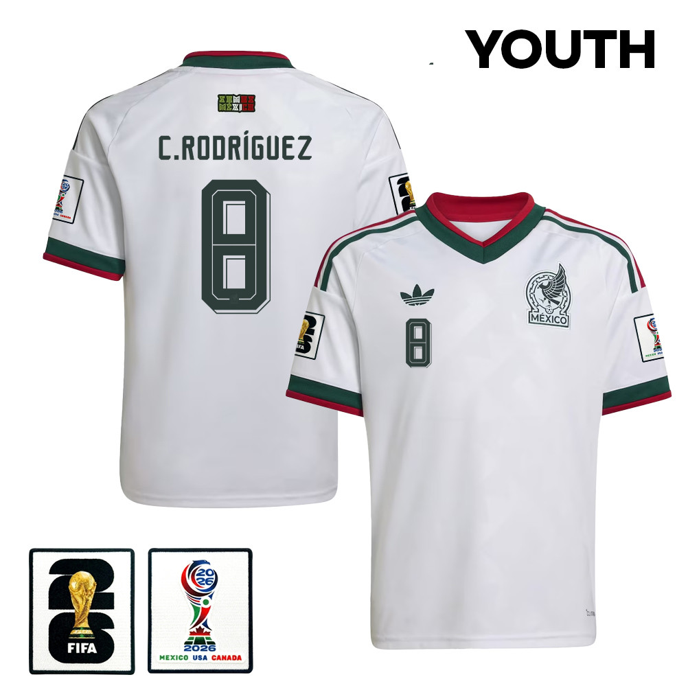 Carlos Rodríguez 8 Youth Mexico National Team 2026 Away Jersey - White - Jersey Teams