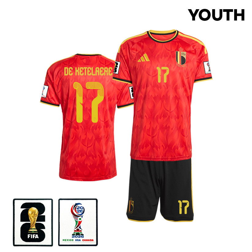 Charles De Ketelaere 17 Belgium 2026 YOUTH Home Jersey & Shorts Set - Red/Black - Jersey Teams