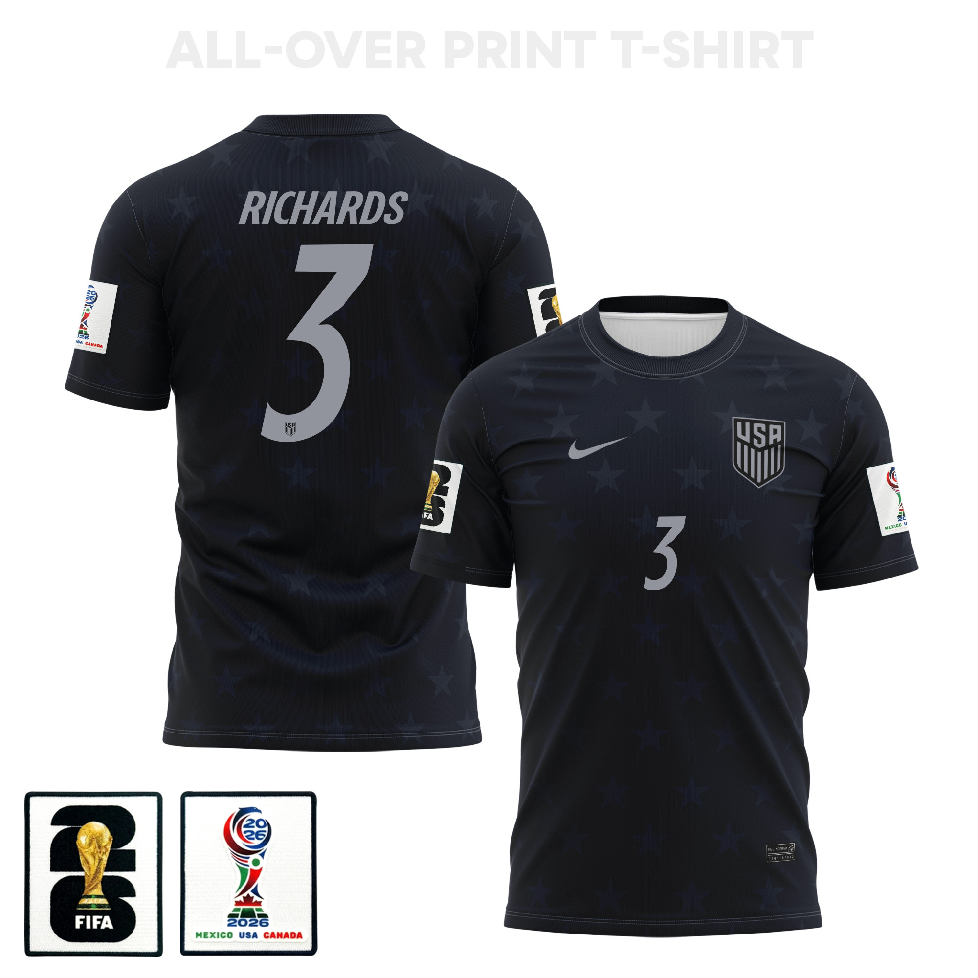 Chris Richards 3 USMNT 2026 Away 3D T-Shirt Fully Printed – Unisex, Black - Jersey Teams