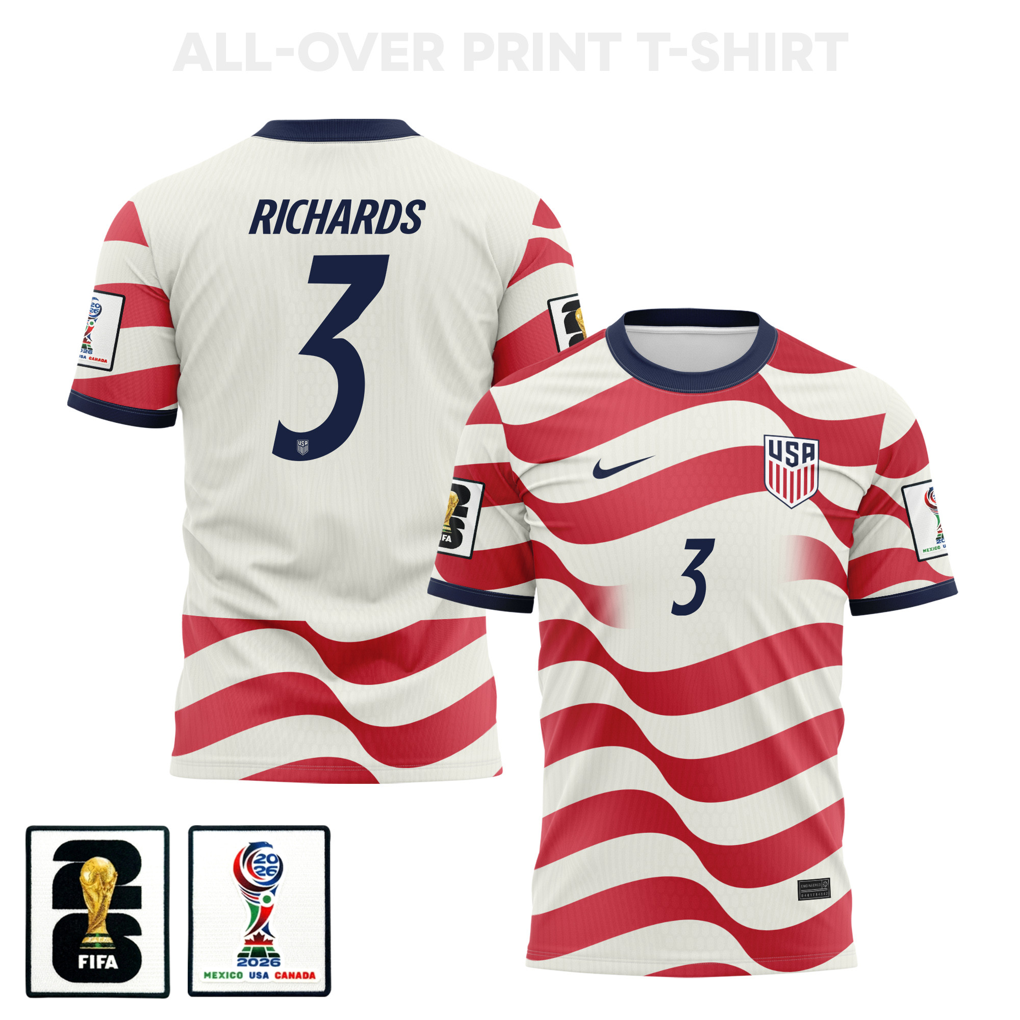 Chris Richards 3 USMNT 2026 Home 3D T-Shirt Fully Printed – Unisex, White/Red - Jersey Teams