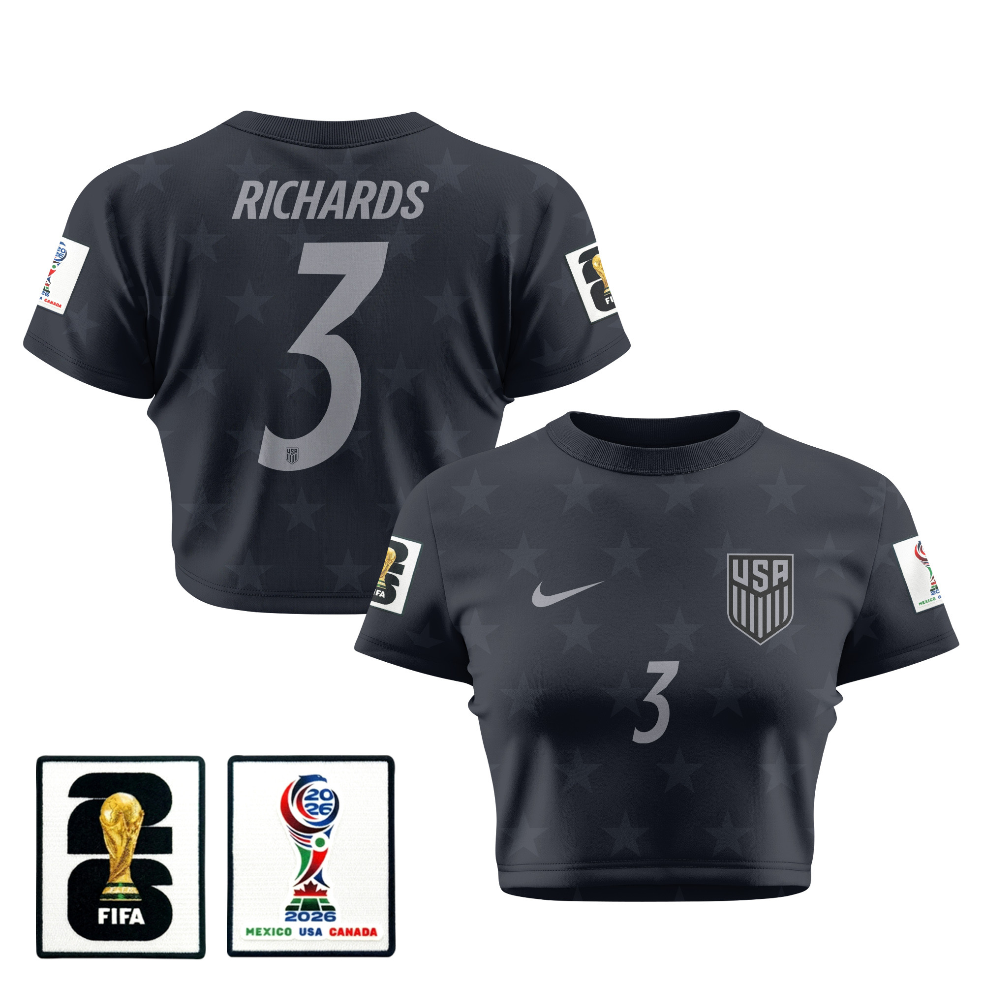 Chris Richards 3 USMNT 2026 Women's Away All-Over Print Cropped Jersey - Black - Jersey Teams