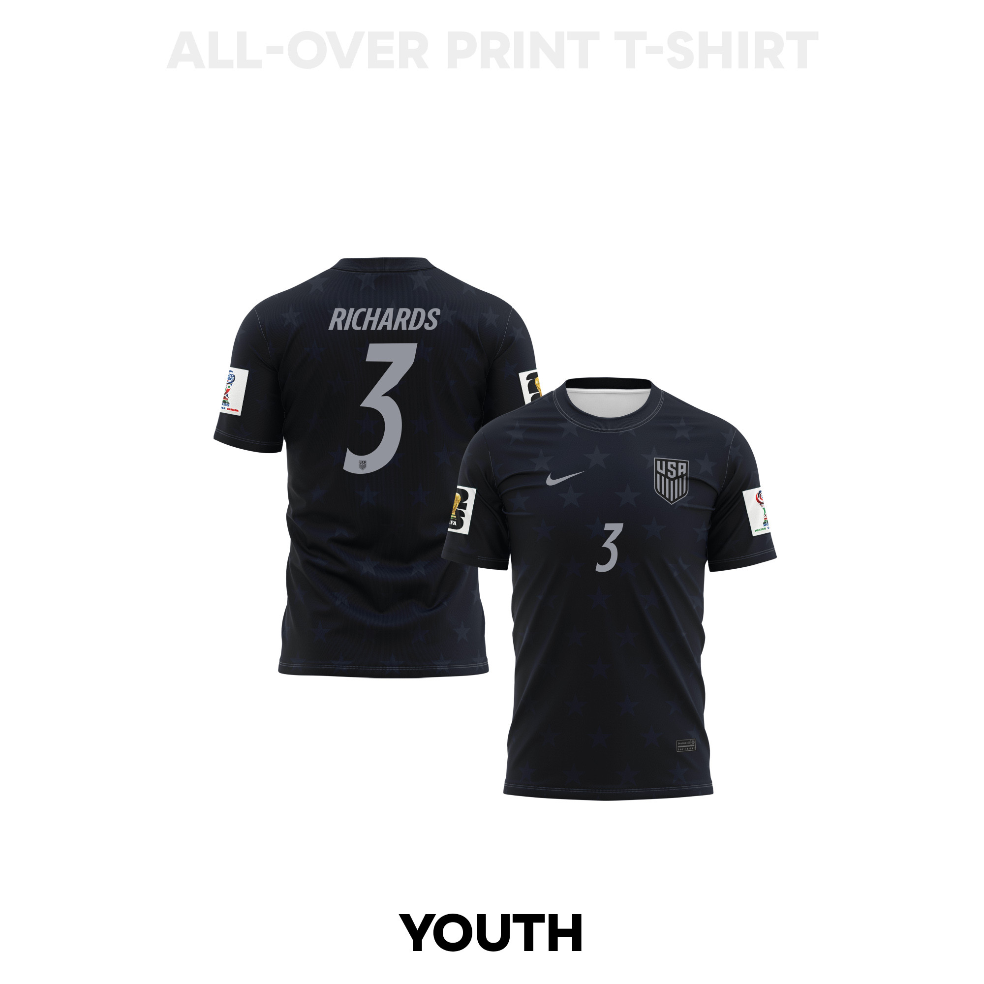 Chris Richards 3 Youth USMNT 2026 Away 3D T-shirt Fully Printed – Black - Jersey Teams