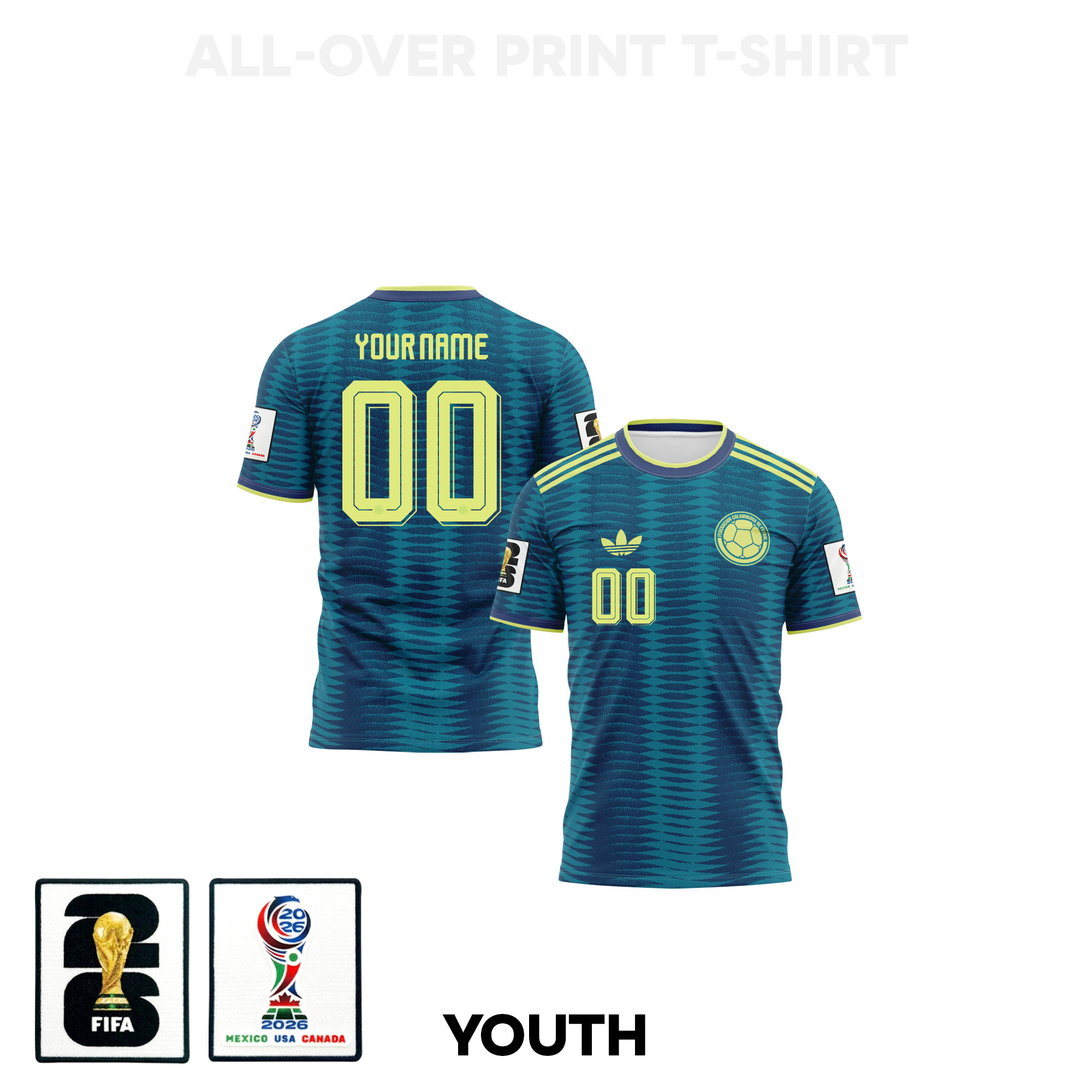 Colombia 2026 Youth Away 3D T-shirt Fully Printed – Personalized – Turquoise – Jersey Teams