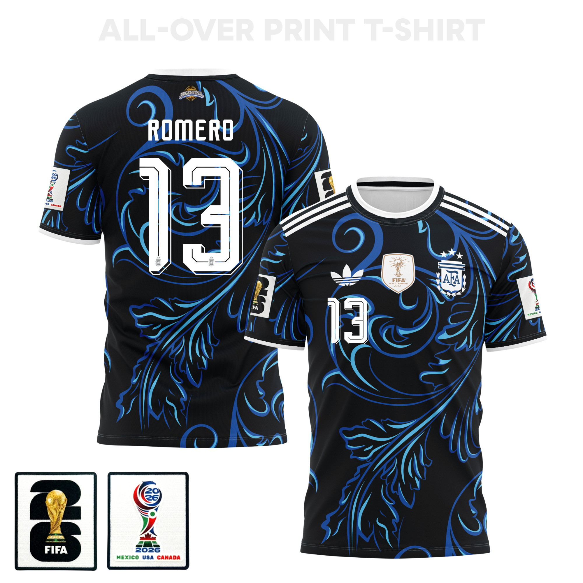 Cristian Romero 13 Argentina 2026 Away 3D T-Shirt Fully Printed – Unisex, Black - Jersey Teams