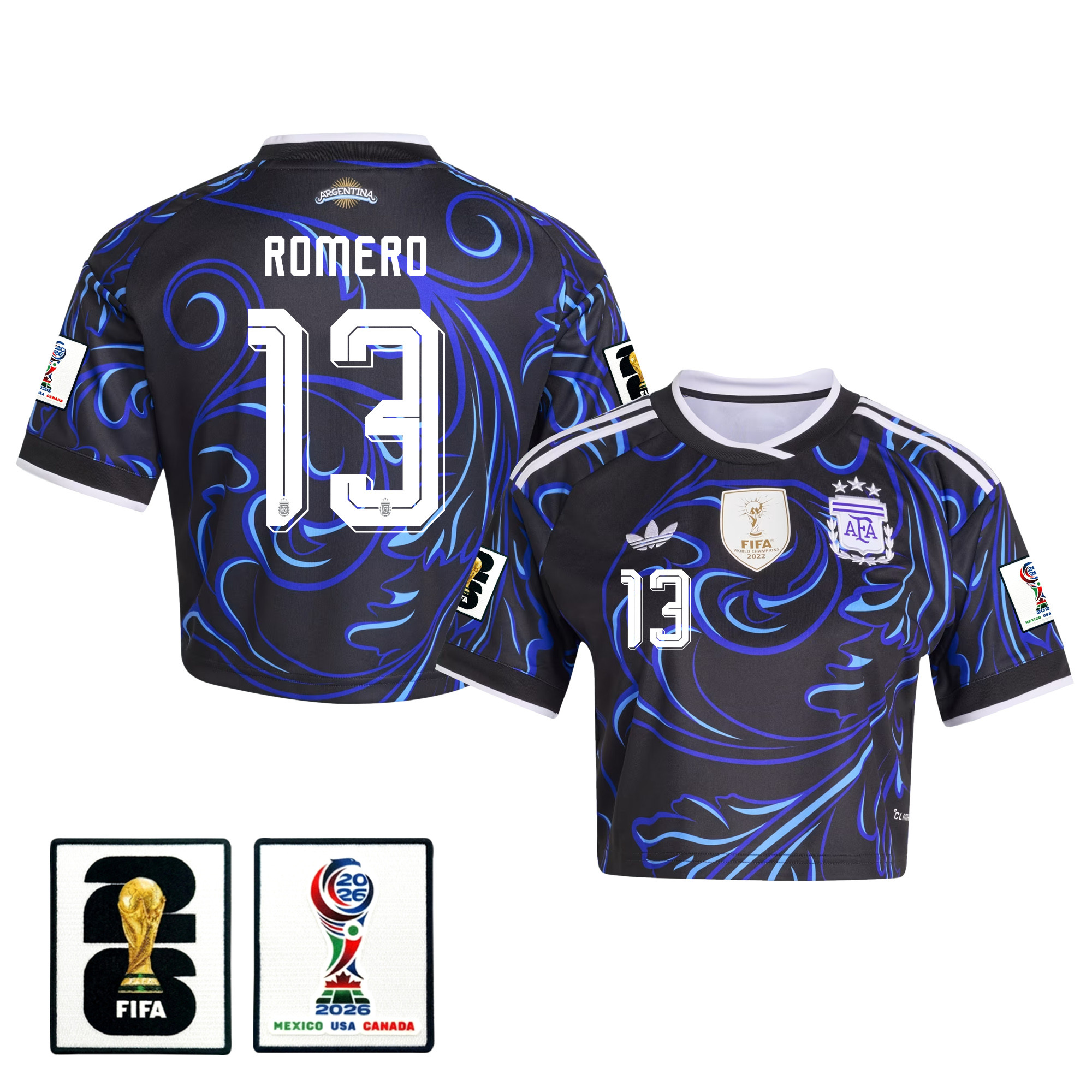 Cristian Romero 13 Argentina 2026 Away Women’s Cropped Jersey – Black – Jersey Teams