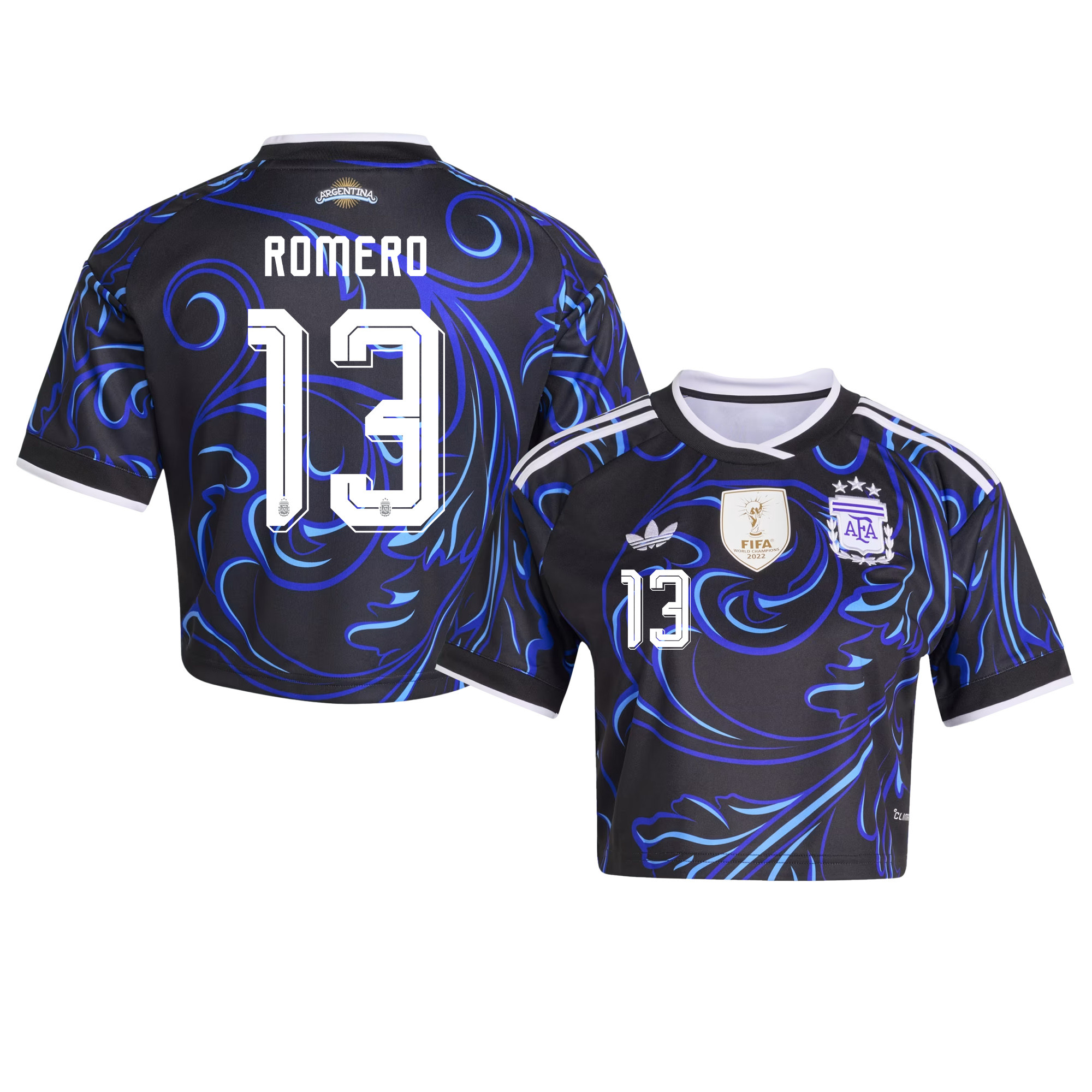 Cristian Romero 13 Argentina 2026 Away Women’s Cropped Jersey - Black - Jersey Teams