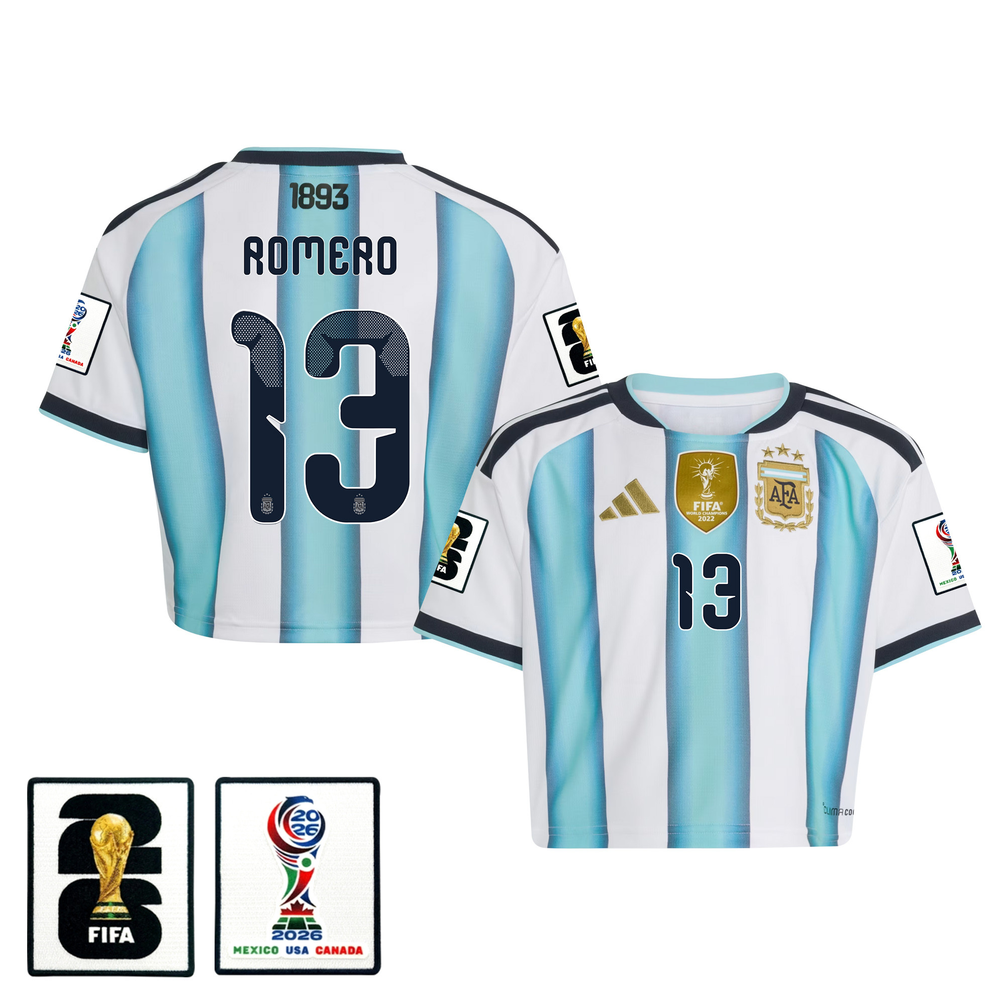 Cristian Romero 13 Argentina 2026 Home Women’s Cropped Jersey – White – Jersey Teams
