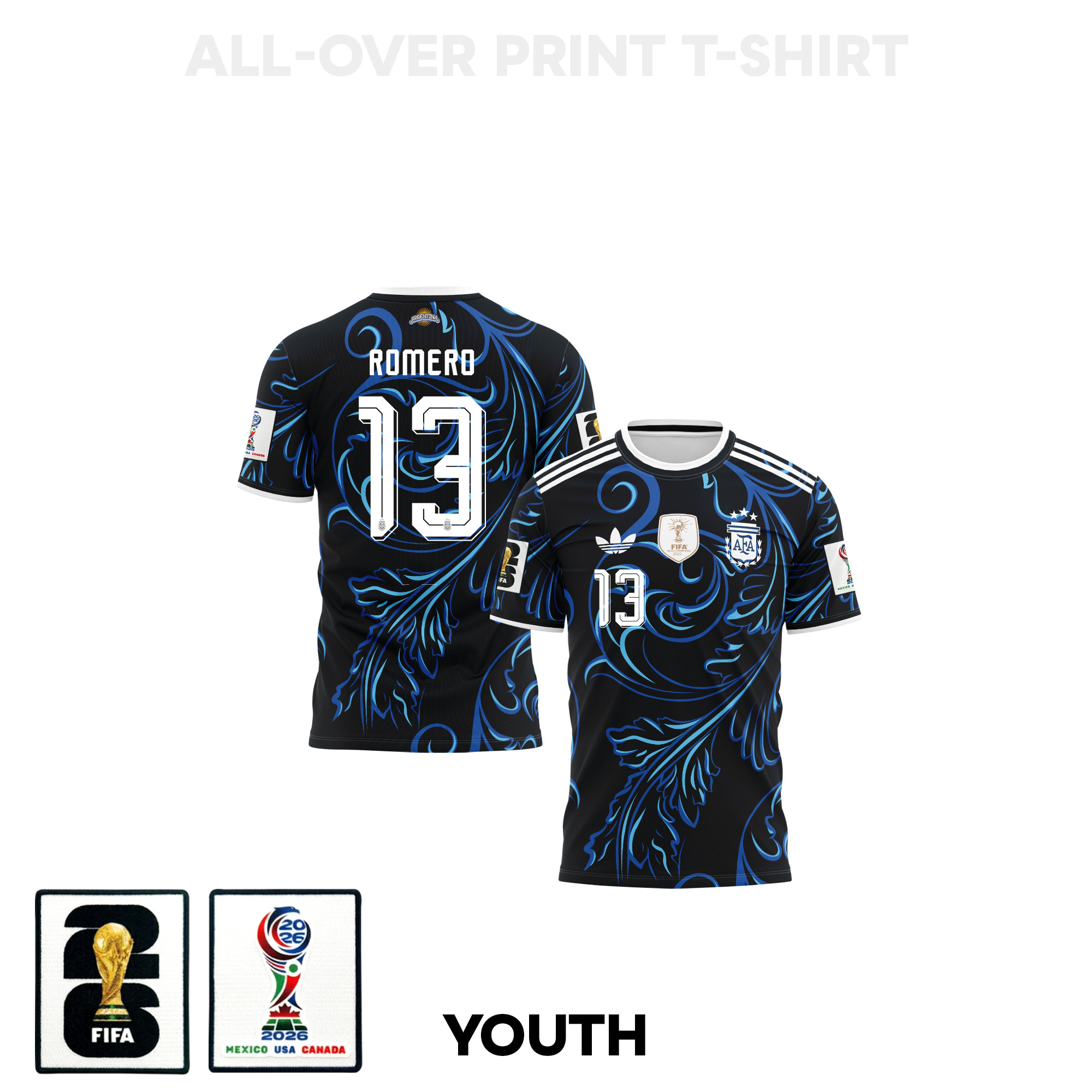 Cristian Romero 13 Youth Argentina 2026 Away 3D T-shirt Fully Printed – Black - Jersey Teams