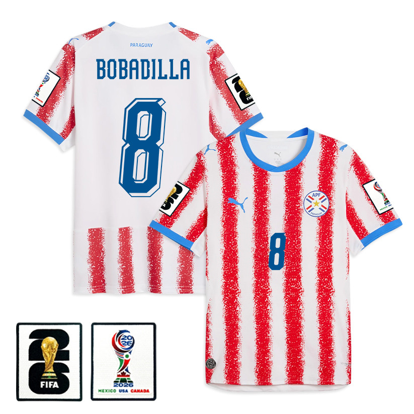 Damián Bobadilla 8 Paraguay National Team 2026 Home Jersey - White/Red, Men - Jersey Teams