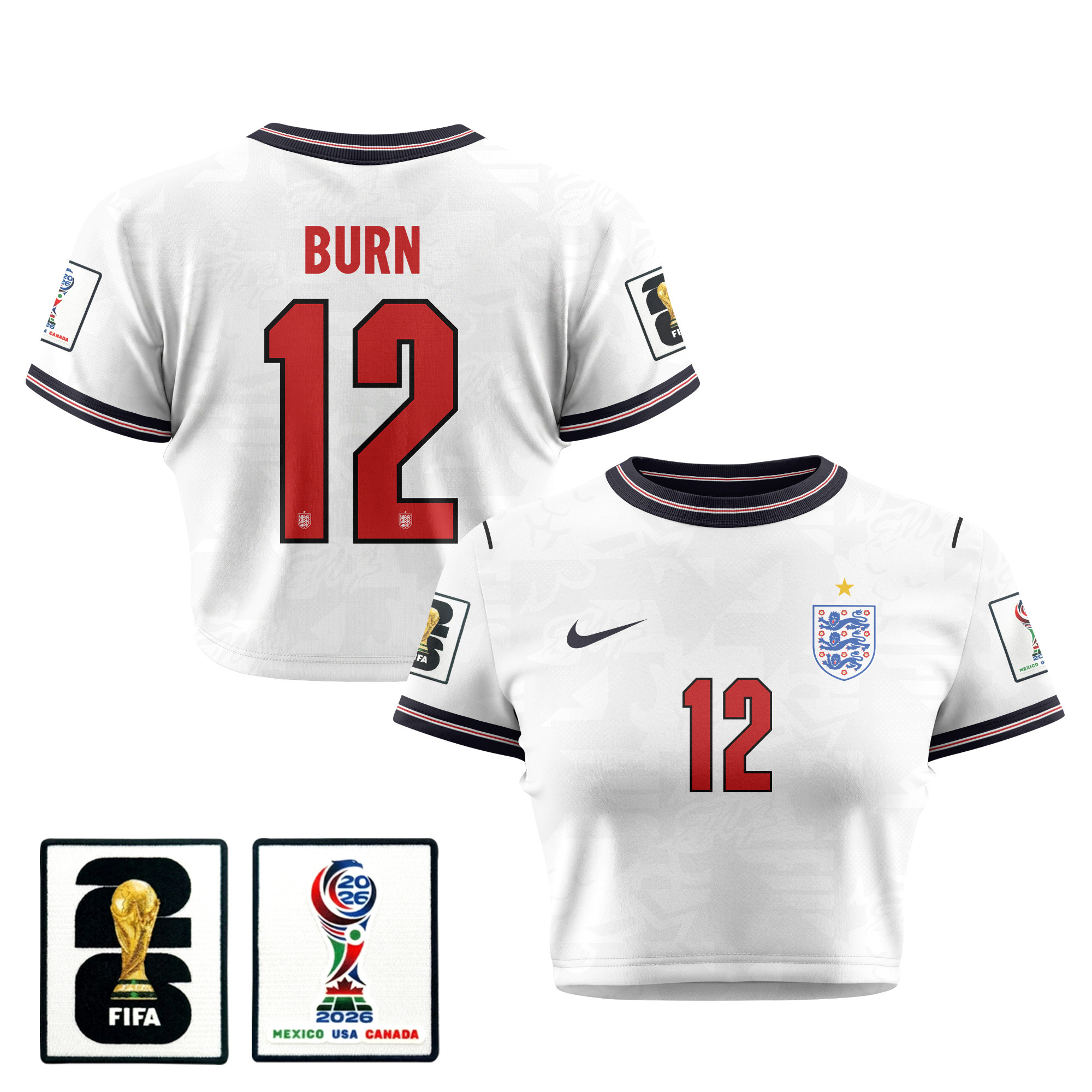 Dan Burn 12 England 2026 Women's Home All-Over Print Cropped Jersey - White - Jersey Teams
