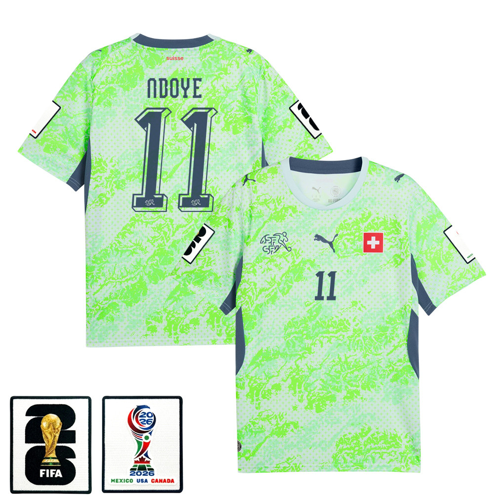 Dan Ndoye 11 Switzerland National Team 2026 x World Cup Patch Away Jersey - Men, Green - Jersey Teams