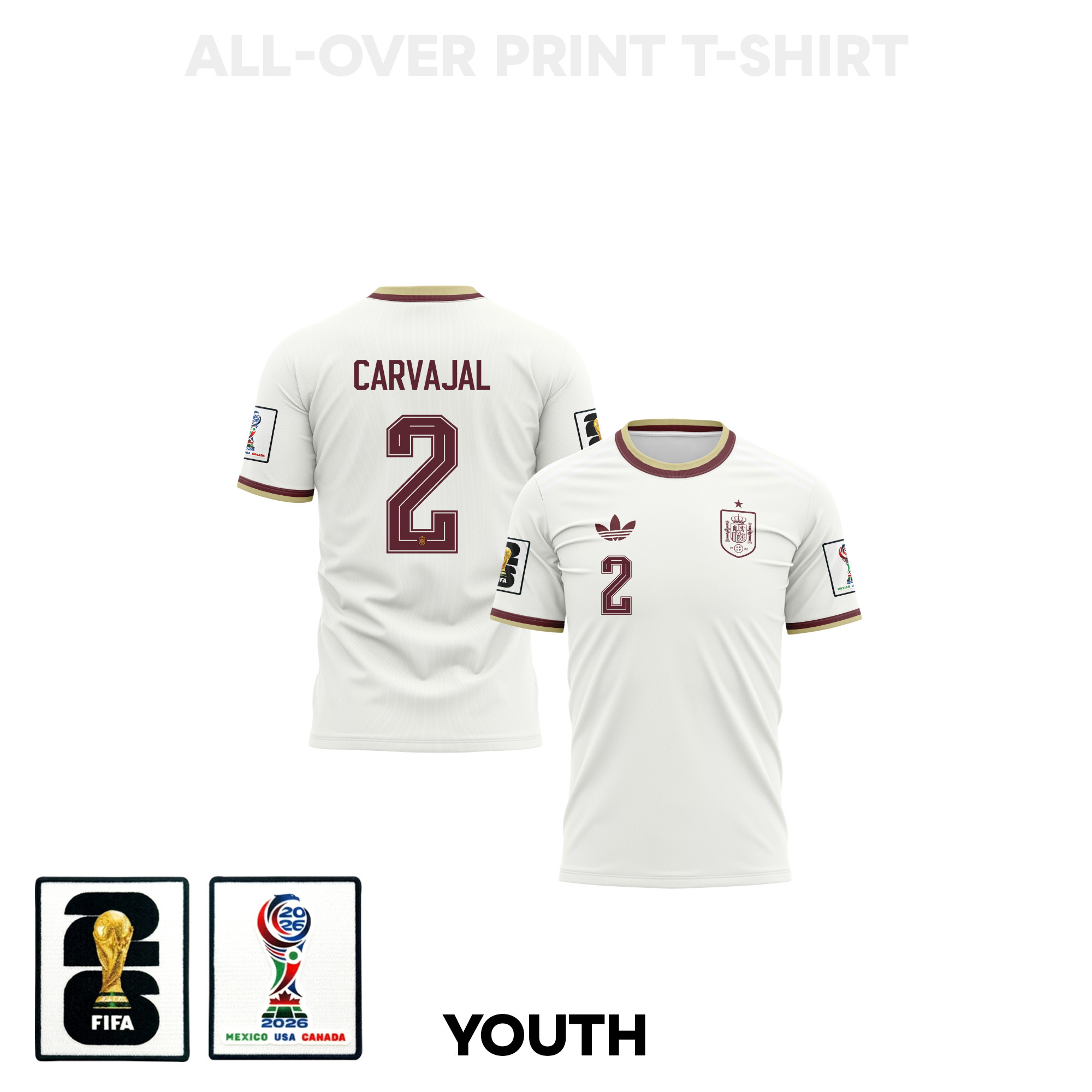 Dani Carvajal 2 Youth Spain 2026 Away 3D T-shirt Fully Printed – White – Jersey Teams