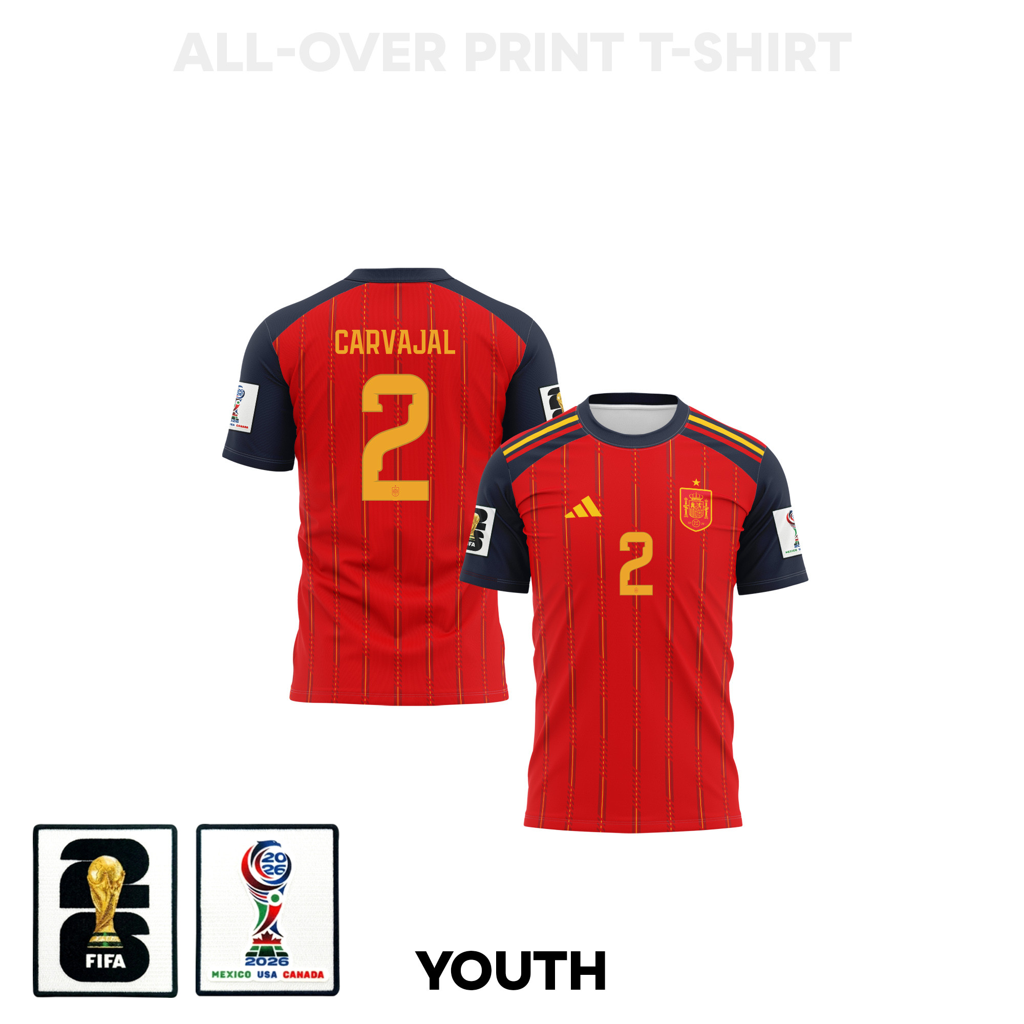 Dani Carvajal 2 Youth Spain 2026 Home 3D T-shirt Fully Printed – Red – Jersey Teams