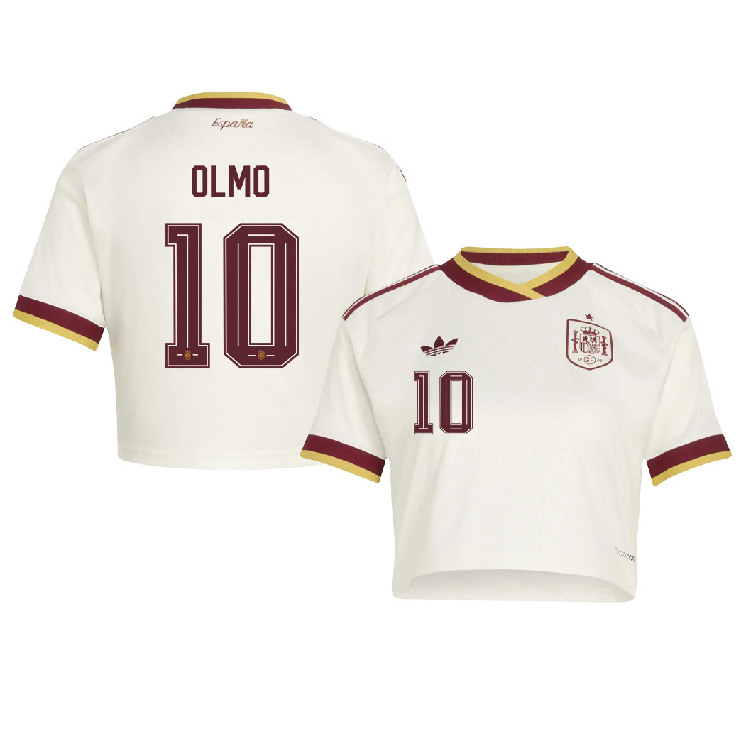 Dani Olmo 10 Spain 2026 Away Women’s Cropped Jersey - White - Jersey Teams