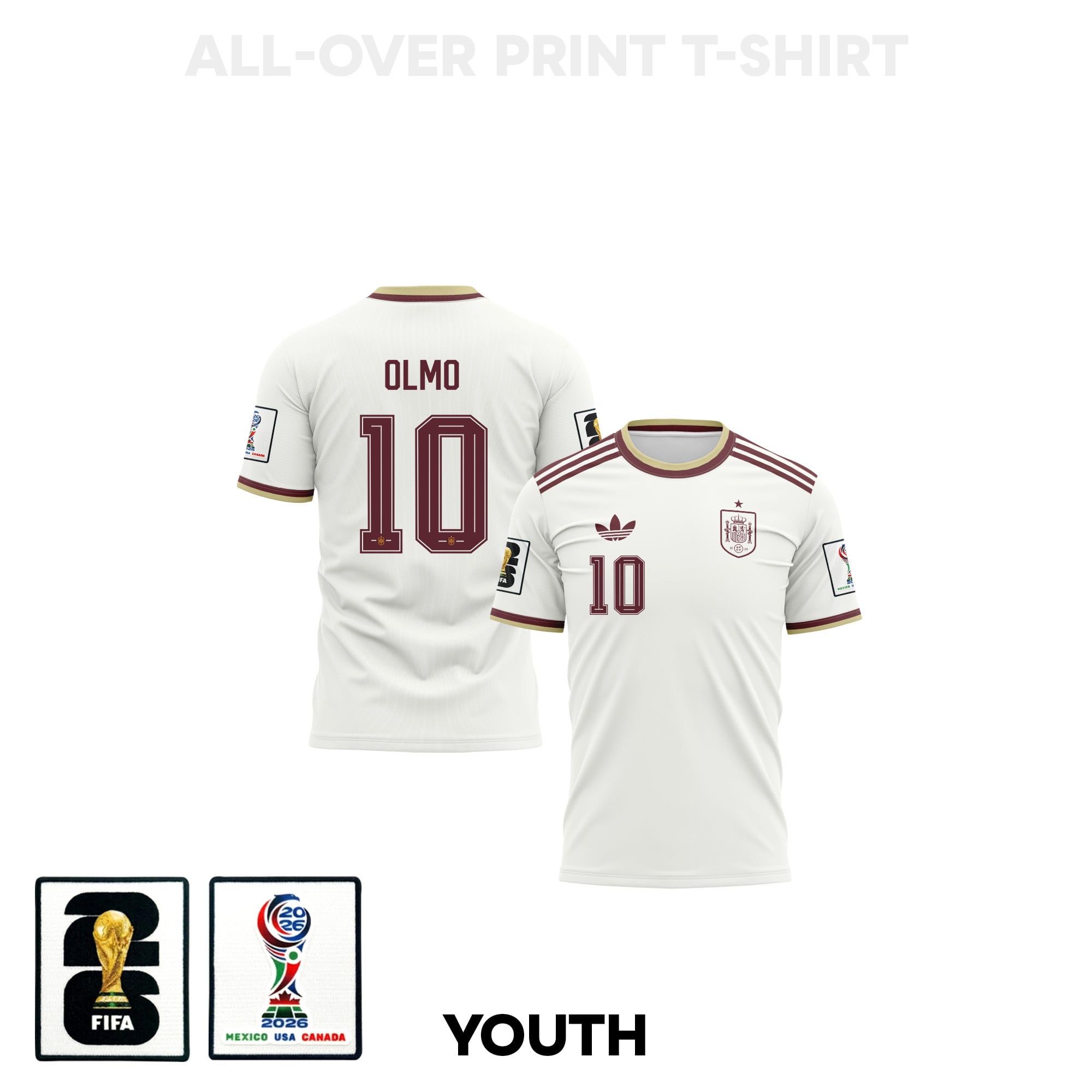 Dani Olmo 10 Youth Spain 2026 Away 3D T-shirt Fully Printed – White – Jersey Teams