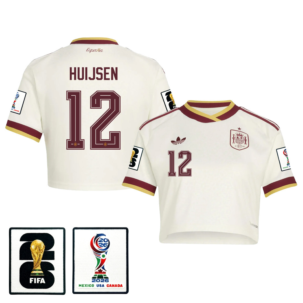 Dean Huijsen 12 Spain 2026 Away Women’s Cropped Jersey – White – Jersey Teams